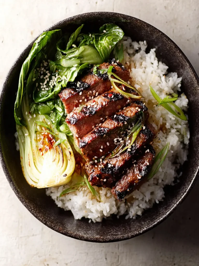 Miso Marinated Grilled Ribeye with Bok Choy and Rice First Image