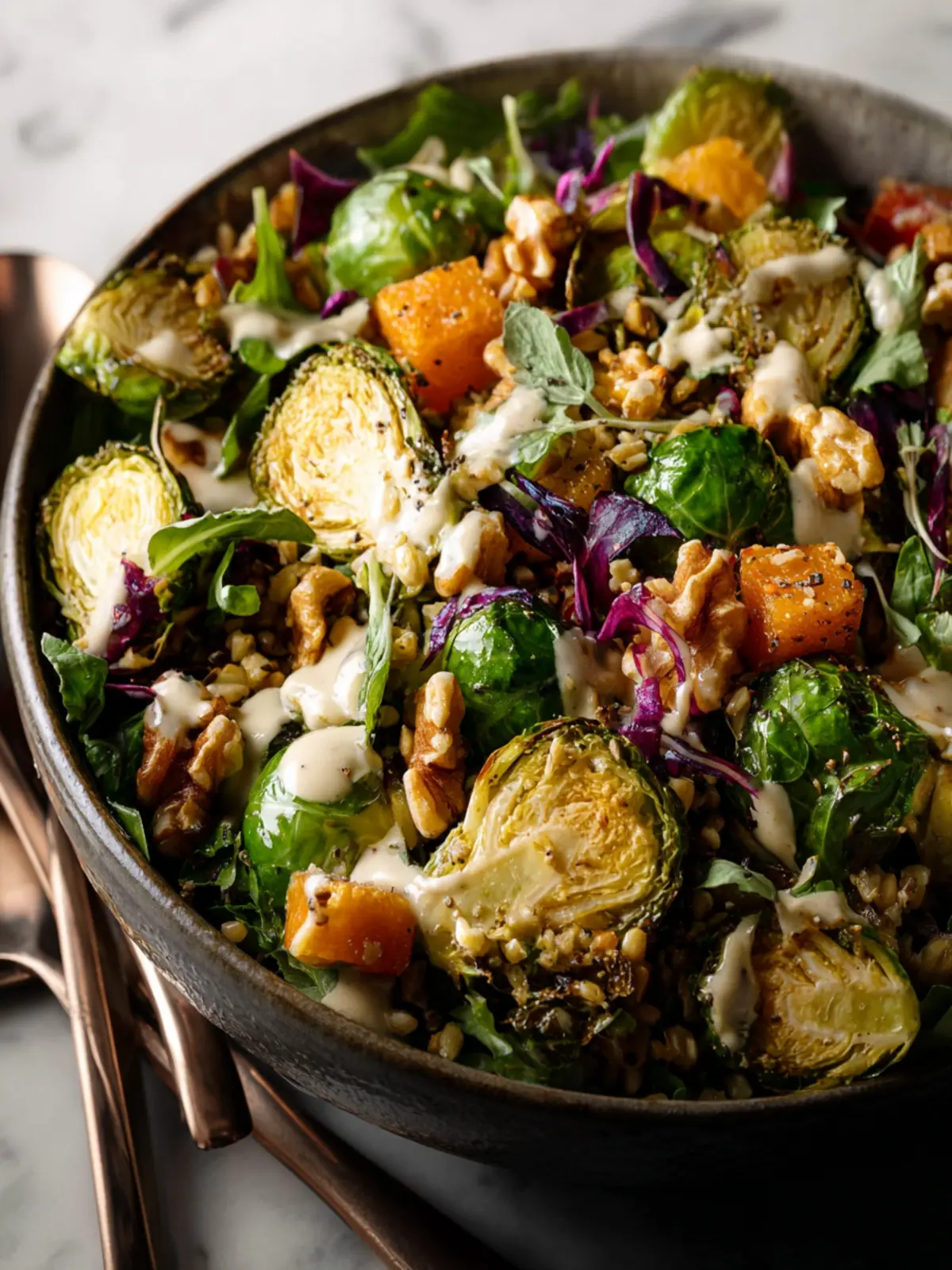 Roasted Brussels Sprout Grain Salad with Maple Tahini Dressing First Image