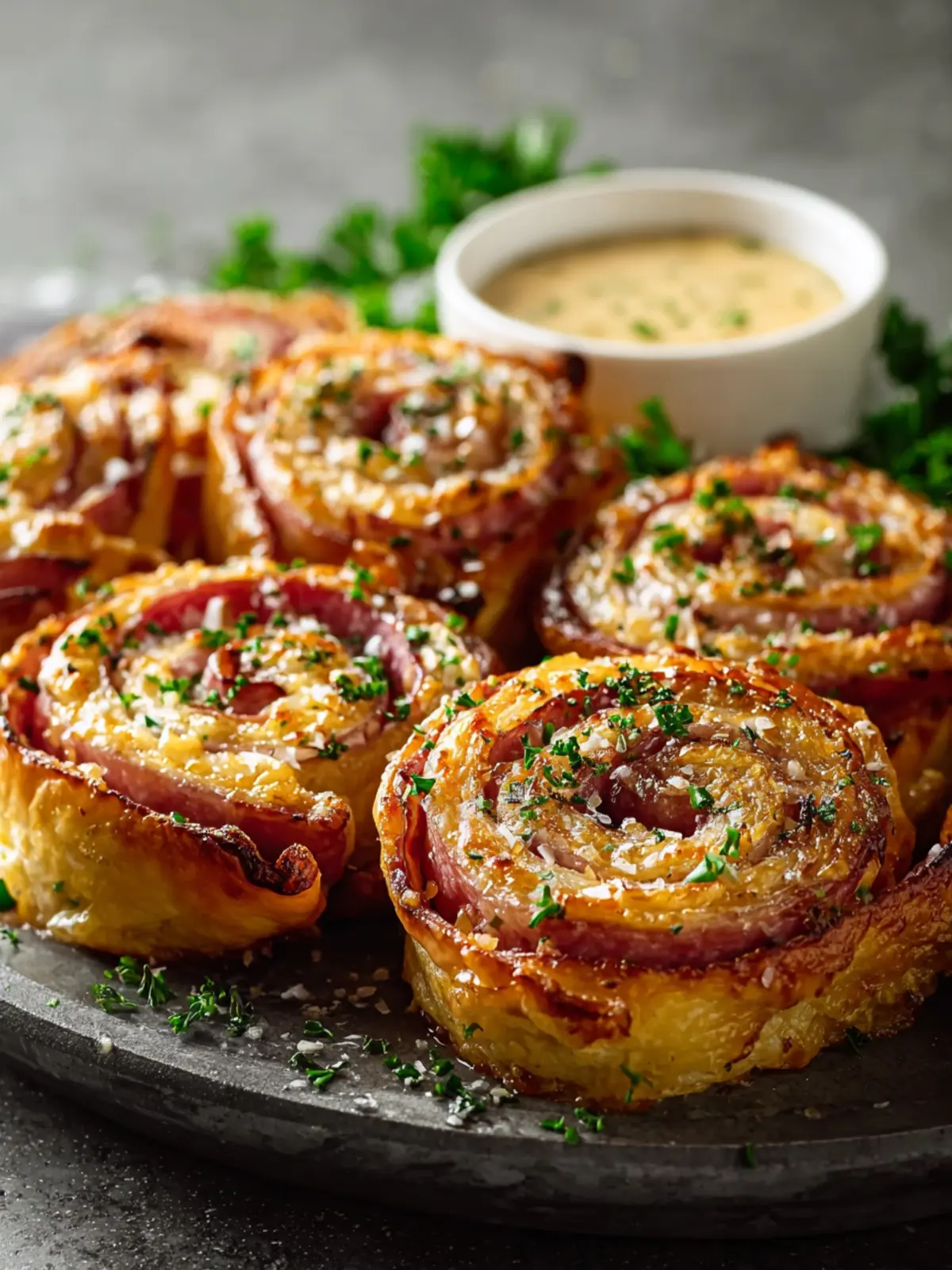 Beef Ham and Cheese Puff Pastry Pinwheels with Honey Mustard First Image